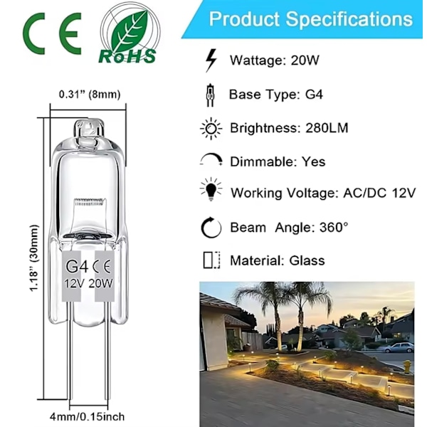 10-pak G4 halogenpærer 20W 12V - Varm hvid