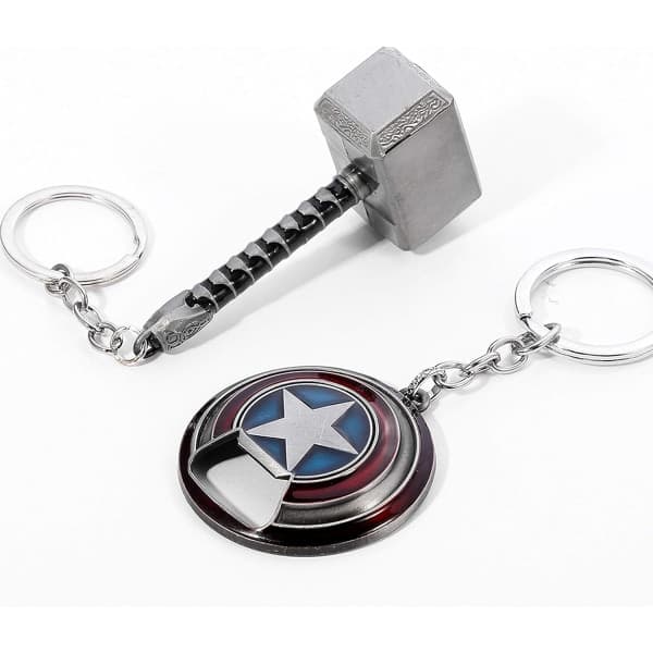 Kapteeni Amerikan avaimenperä pullonavaaja kilpi, Mjolnir avaimenperä pullonavaaja, Thorin vasara avaimenperä pullonavaaja IC