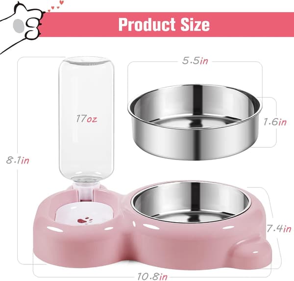 2-i-1 Kattefoder- og Vandskål - Automatisk Vanddispenser 500 ml med Rustfri Stålskål - Til Katte og Små Hunde - Pink