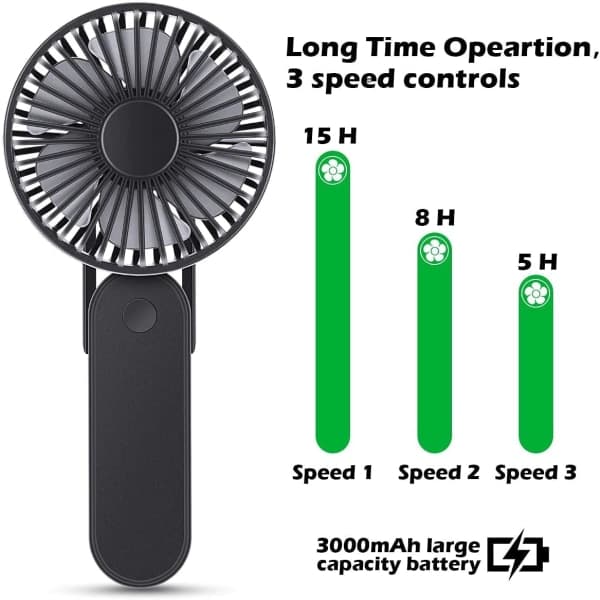 IC Bærbar USB-ventilator, mini-portabel udendørs ventilator, 2500mAh 3 hastigheder