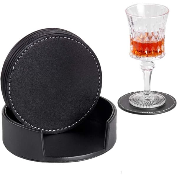 IC Drikkunderlag 6 stk med holder, PU-lær kaffekoppunderlag