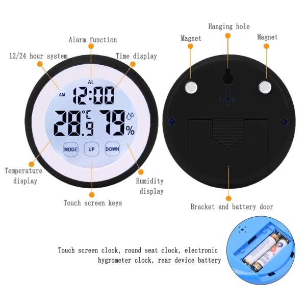 IG Pekskärm Väggklocka, Rund Väggklocka Elektronisk Hygrometer Svart
