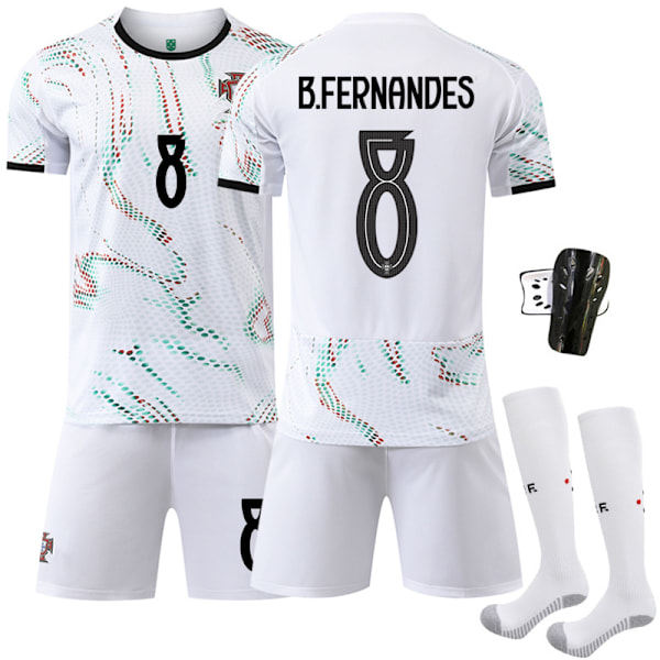 25-26 Portugal bortedrakt hvit fotballuniform sett Nr. 7 Ronaldo Nr. 10 B Silva drakt 8 B Fee 11 Phillips Size 8 with socks + protective gear #26