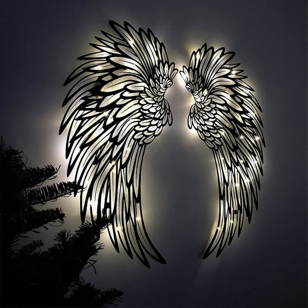 1 par englevinger metalvægkunst med LED-lys, englevinger i metal vægdekoration, englevinger vægskulptur kunst vægophæng til hjemmekontor