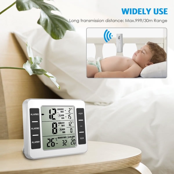 IC (Ny version) AMIR-kylskåpstermometer, trådlös inomhustermometer för utomhusbruk, sensortemperaturmonitor med ljudlarm (batteri ingår ej)