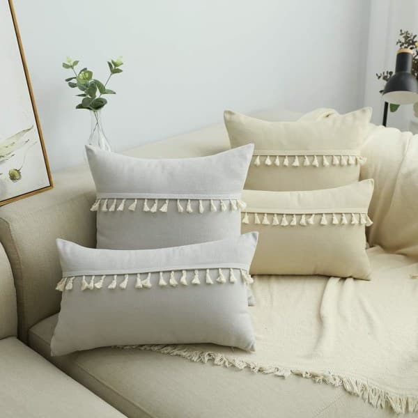 IC Boho Dekorativt Ryglæn Cover med Kvaster til Sofa Superblød Case med Solid Accent (Champagne, 12\"x20\")