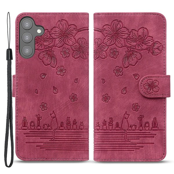 For Samsung Galaxy S23 Pu Case Fodral Märkt Cat-telefonplånboksskal med håndrem Wine Red