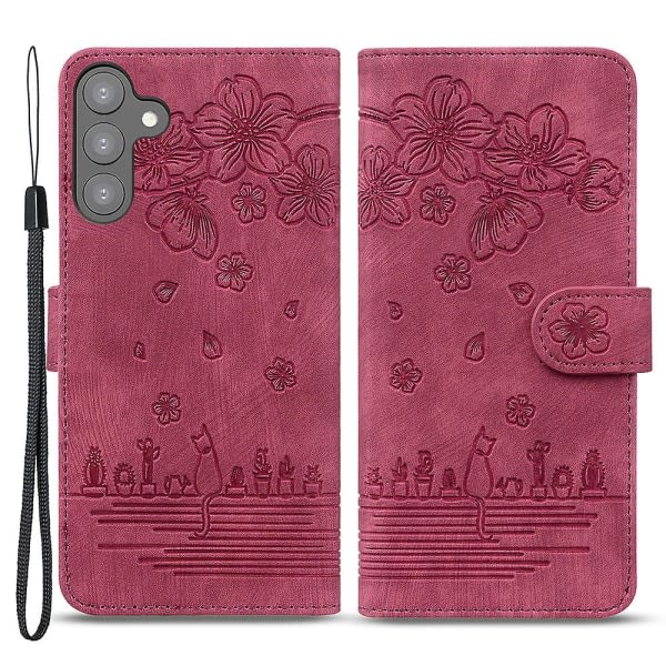 For Samsung Galaxy S23 PU-etui Lommebokveske med håndleddsstropp Vinrød