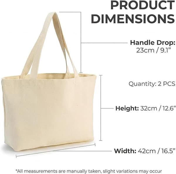 2-pak lærredstasker 42x32x10cm, holdbare almindelige bomuldsindkøbsposer til gør-det-selv-maling, daglige ærinder, arbejde og pendling, beige