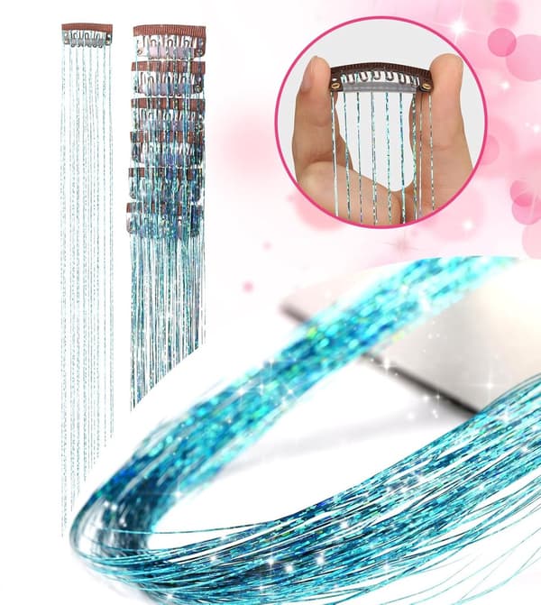 Hårglimmer, Himmelblå, Glitter Extensions, Varmebestandig, Sæt med 18