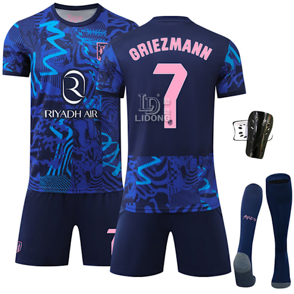 Atletico Madrid 2 bortedrakt nr. 19 Alvarez 7 Griezmann fotballdrakt ny blå sportsdrakt Size 7 with socks + protective gear #18