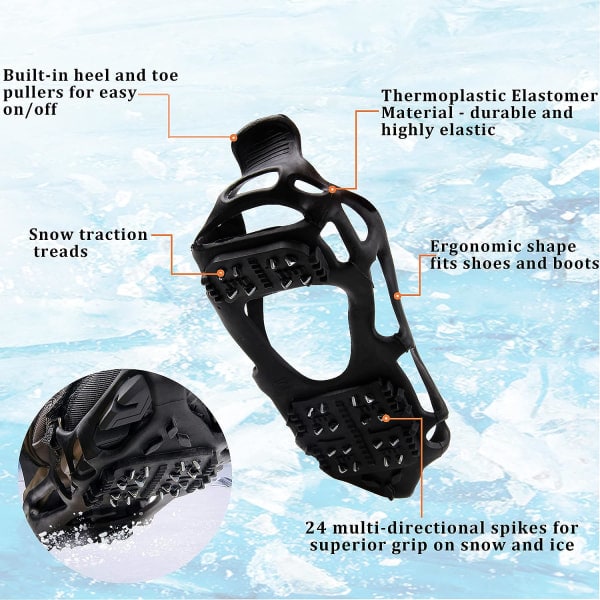 IC 1 par til vandring på is og sne Anti-slip oversko Gummi anti-slip pigge 24-tands pigge TPE materiale Fiskeri, sne, is og bjergbestigning