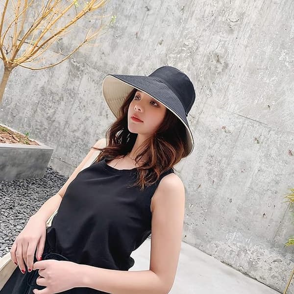Dame sommer foldbar hat - Bomulds solhat til kvinder UPF 50+ - Foldbar bøllehat med hagerem - Sommer- og vandrehat - Sort/Beige