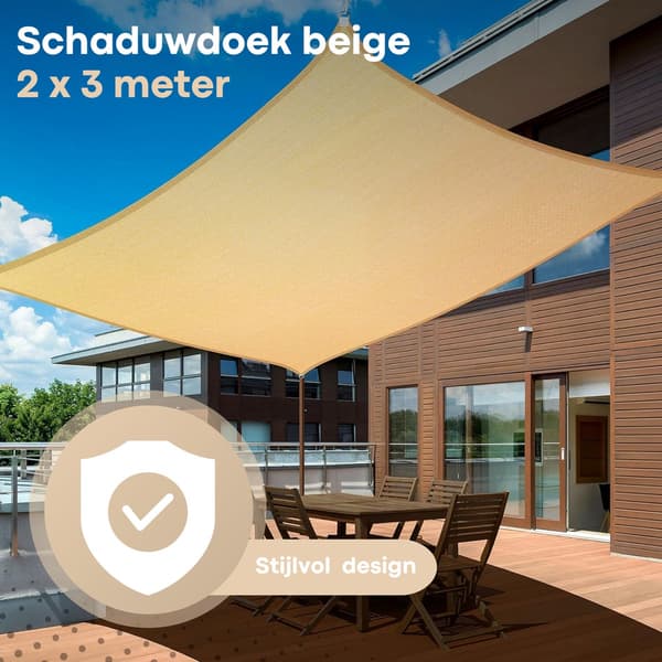 FOXLY Solseil 2x3m Rektangulær Krem, 95% UV-blokkerende HDPE-duk med tau og karabinkroker for terrasse, hage og balkong