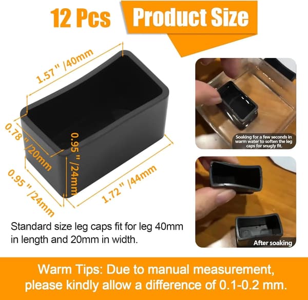 Rektangulära möbelbensskydd, halkfria PVC-stolsfotskydd för golvskydd och bullerreducering, 12-pack, 1,5 x 0,75 tum