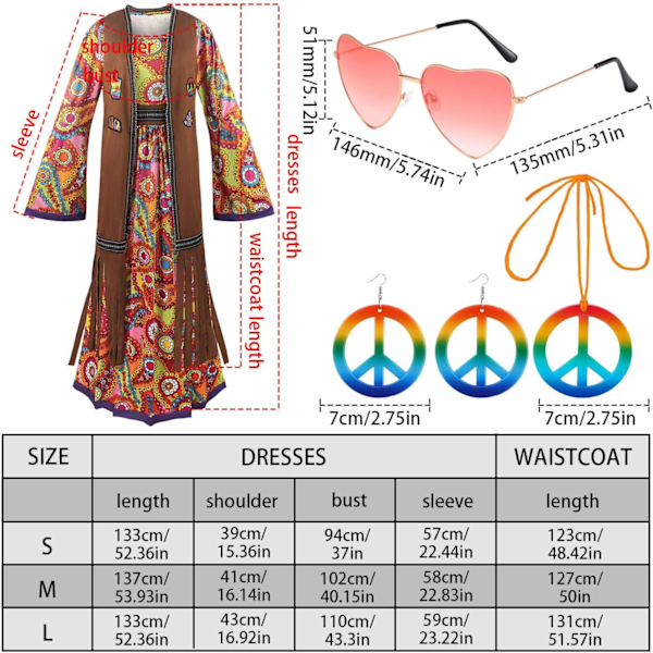 60'er kostume damer, hippie damer kjole sæt, 70'er disco halloween outfits, hippie tøj damer kostume, 60'er tøj tilbehør L