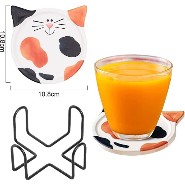 Set med 4 glasunderlägg med stativ 10,8 cm keramiska glasunderlägg under glas för kaffe ölkopp Vinglasflaska