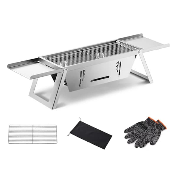 Bærbar sammenklappelig kulgrill i rustfrit stål med stor stegeflade til camping, picnic, baghave, standard standard