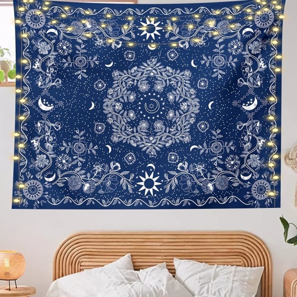 IC Väggtapet Bohemian - Floral Vine Gobeläng Vägghängande Celestial Sun Moon and Star Gobeläng Hippie Home (Mörkblå, XLarge (70?x 90?))