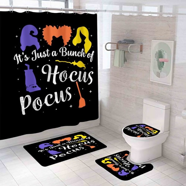 IC 4 st Halloween dusjdraperi Hocus Pocus Och 30 X 18" mattor Cartoon Star Badrumstillbehörsset Dekor med badmatta, U-formet kontur, toalettlås Co