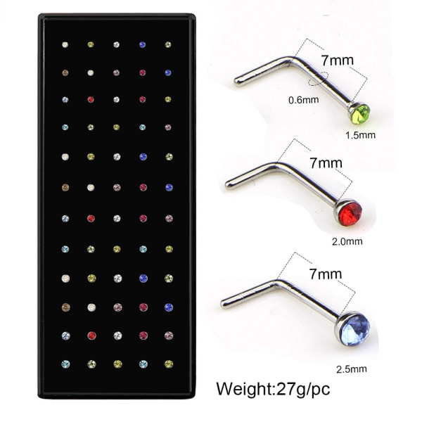 IC 60 st/ Set Strass Näsringar Ben Stud Rostfritt stål färg 1.5/2.0/2.5mm