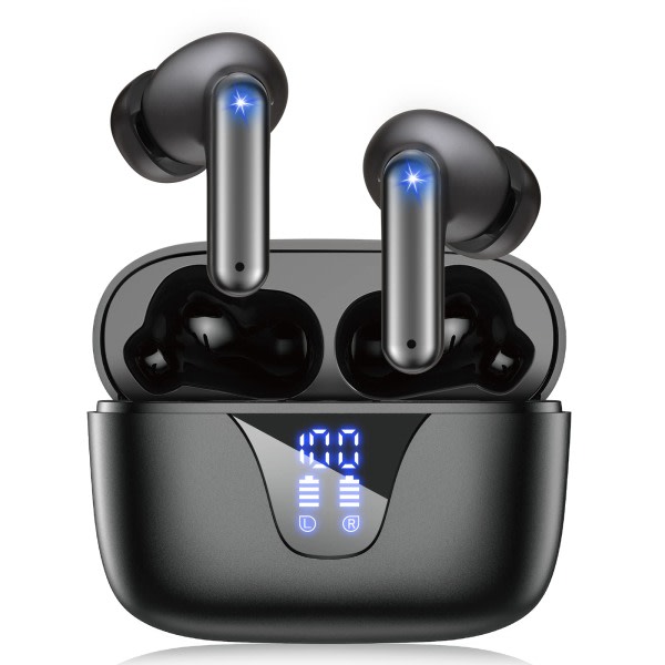 IC Trådlösa hörlurar, 50 timmars speltid med LED Digital Display Case, IPX5 vattentäta hörlurar med mikrofon för Android iOS Laptop, Sport