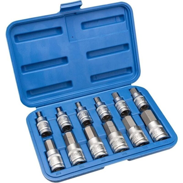 12-delt Torx sekskant pipe nøkkelsett, 6-punkts pipe 5, 6, 7, 8, 10, 12, 14, 16, 17, 18, 19, 22mm, med plast oppbevaringsboks, 12.5mm (1/2 tomme)..DEBUNS