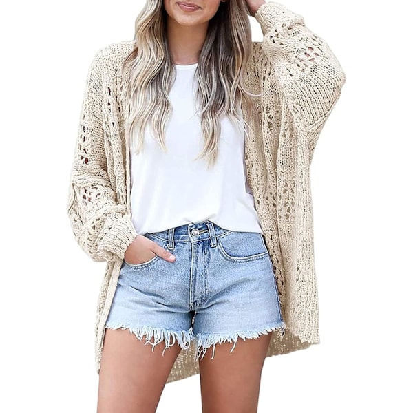 Dame Cardigan Sweater Kimono Boho Solid Farve Oversized Sommer Åben Front Cardigan Sweater Yderbeklædning, BEIGE, L