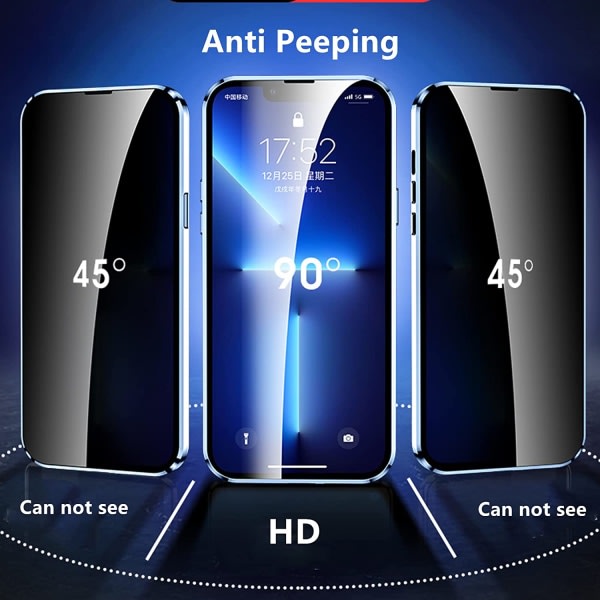 IC iPhone 13 Pro Max, 360 graders fram- og bakside Deksel i herdat glass, Anti SPY-skjerm, Anti Peep Magnetic Adsorption Metal Bumper (svart)