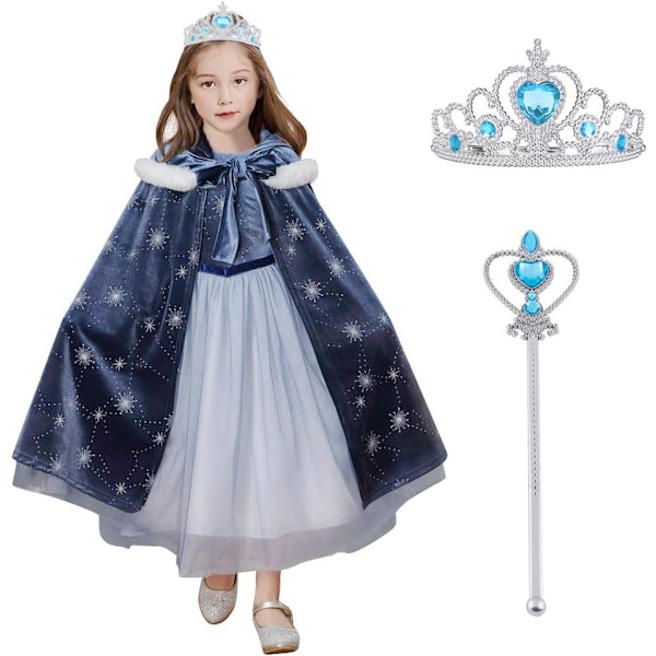 Jente Anna Kostyme Kjole med Snøfnugg Plysj Krage, Barn Prinsesse Kostyme for Karneval Fest, Kle deg ut Halloween Fest Blue 130 cm