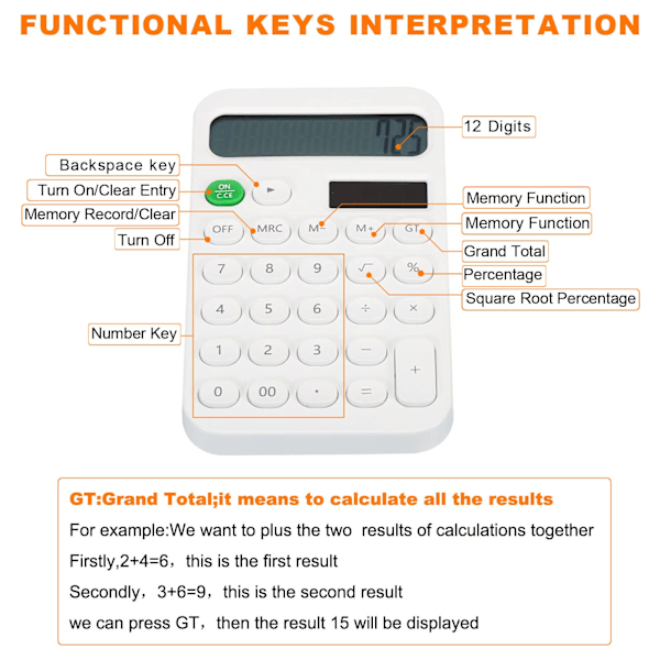 Skrivbordsregnemaskin, 12-sifret stor LCD-skjerm Standard funksjon Skrivbordsregnemaskin Bærbar sot regnemaskin for hjemmekontor, Hvit White