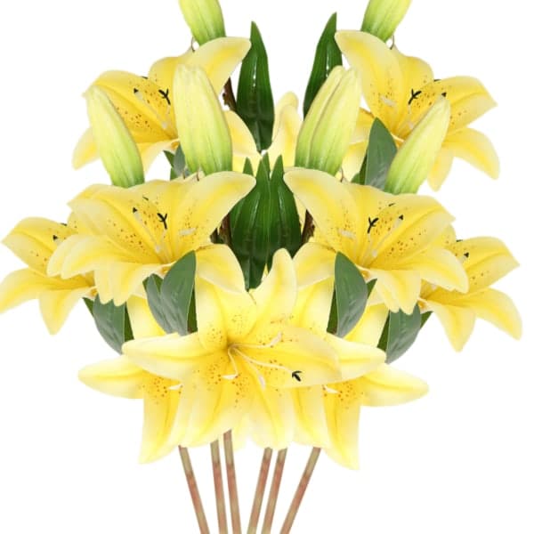 IC Pakke med 6 kunstige liljer, kunstige plastblomster, gul