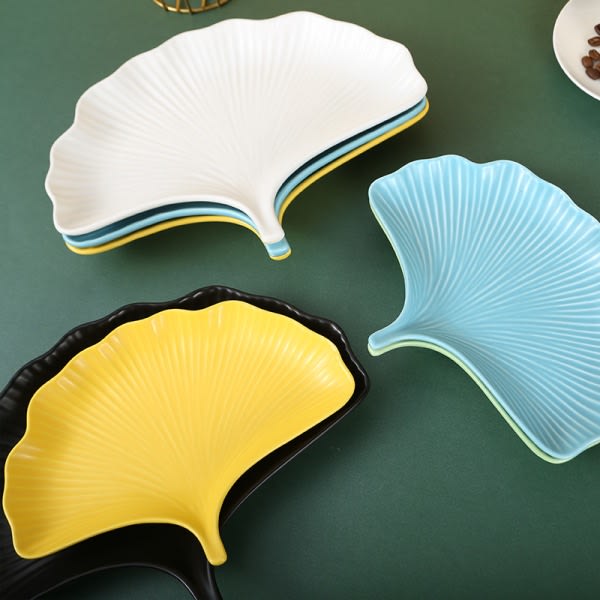 IC Keramisk Dekorationstallerken Hjemindretning Hjemrestaurant Gylden Ginkgo Blad Frugtfad, Blå, 28*21,5*4cm