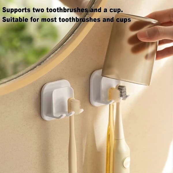 1 pc Self-Adhesive Toothbrush Holder Wall Mounted Multifunctional Hook Waterproof Self-Adhesive 2 Compartment Toothbrush Organizer