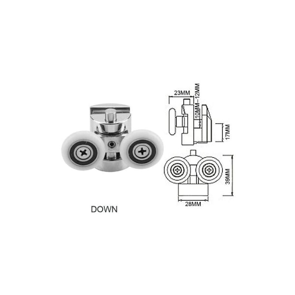 Sett med 4 doble ruller - for skyvedusjdør, 2 hjul 23 mm diameter sinklegering bad..DEBUNS