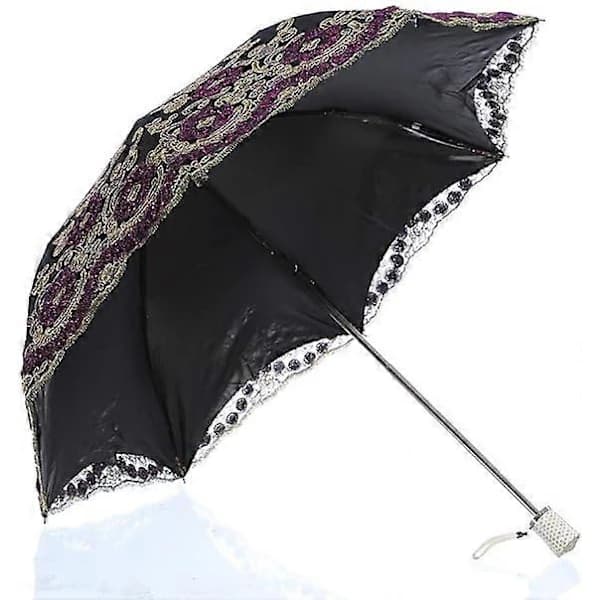 Sammenfoldelig UV-beskyttelsesparaply med 3D-broderi til bryllup, sol, regn og sne, sort 100 cm Black