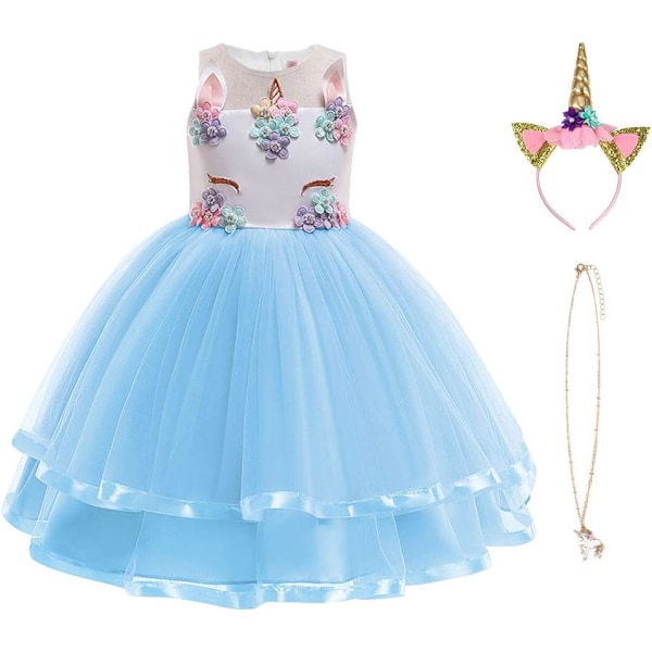 Barnen Enhörning Kostym Klänning, Flickor Enhörning Kjolen, Blommor Flickor Ärmlös Festkläder, Födelsedagskläder Festkläder, Enhörning Halsband, Enhörning Hårband Blue 130 cm for 5–6 years