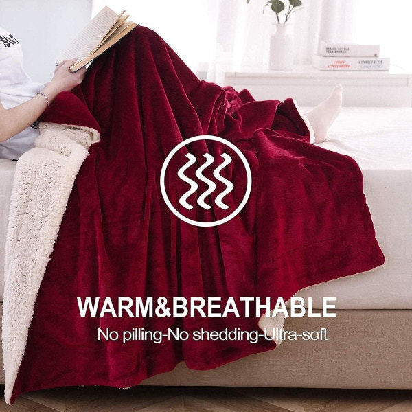 Sherpa-filt för dubbelsäng Tjock varm filt för vintersäng Supermjuk fuzzy flanell fleece/ull som vändbar sammetsplysch filt (vinröd dubbelsängsstorlek 60
