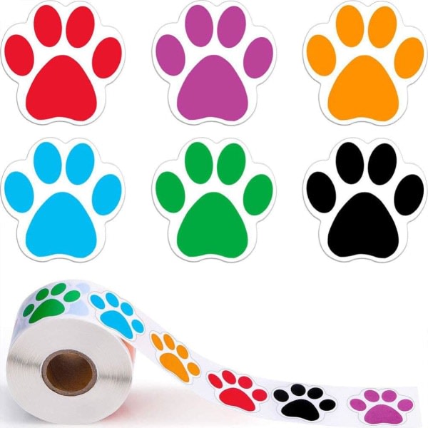 IC 1 rulle färgglada hundtassar, 6 färger djurfotspår dekaler (500 st/rulle)