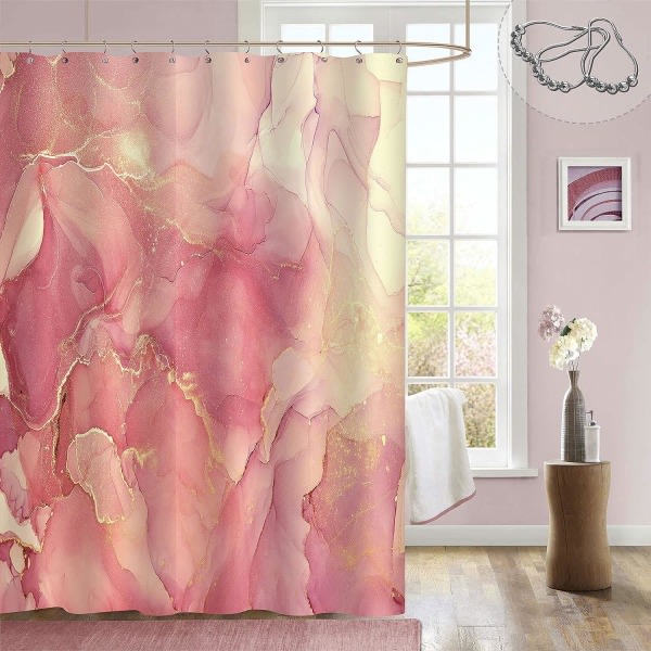 IC Rosa duschdraperi, abstrakt persika koralltyg duschdraperi för badrum, modernt Ombre akvarell bläckkonst Set med krokar, 72 x 72