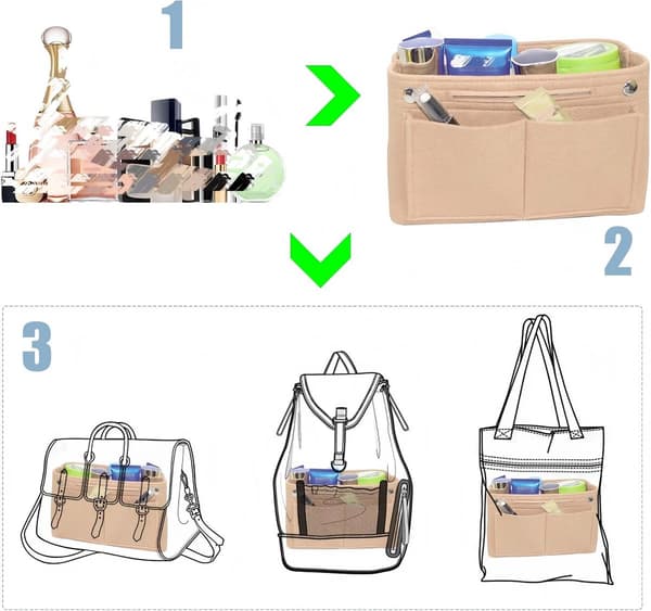 Filt Tote Taske Organizer Indsats Med Flere Lommer Og Trykknapper Til Rejser Og Daglige Håndtasker, Grå, Stor 30 x 20 x 10.5 cm