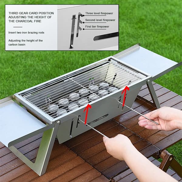 Bærbar sammenklappelig kulgrill i rustfrit stål med stor stegeflade til camping, picnic, baghave, standard standard