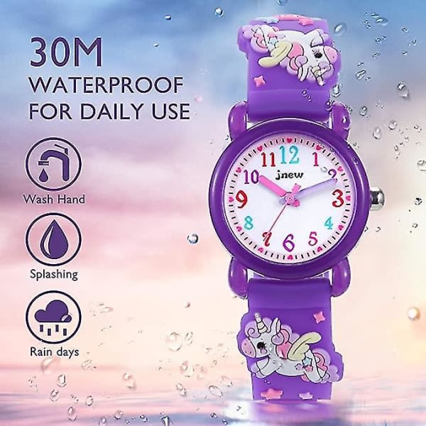 3D tegneserie vanntett barneklokke med alarm - Unicorn barneklokke watch film Beste leker Gaver til jenter 3-10 år Deep purple