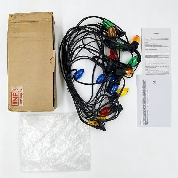 10M 15 LED Julbelysning med extra glödlampa - E12 Sockel, Flerfärgad, IP44 Vattentät