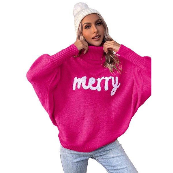 Damtröja med polokrage Merry Christmas Stickad Pullover Sweatshirt Rosa M