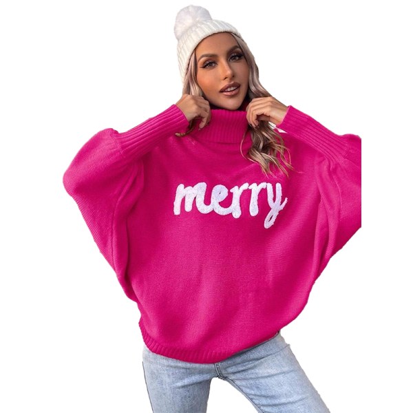 Jultrøje med Polokrave Merry Christmas Strikket Trøje Sweatshirt Pink M