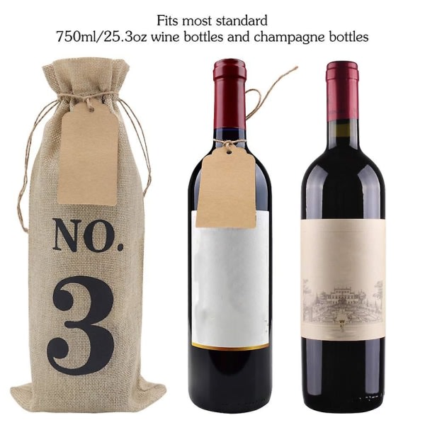 Numrerad hessian tyg glasflaska present B 10st säckväv vinpåsar med etiketter för blind vinprovning beige