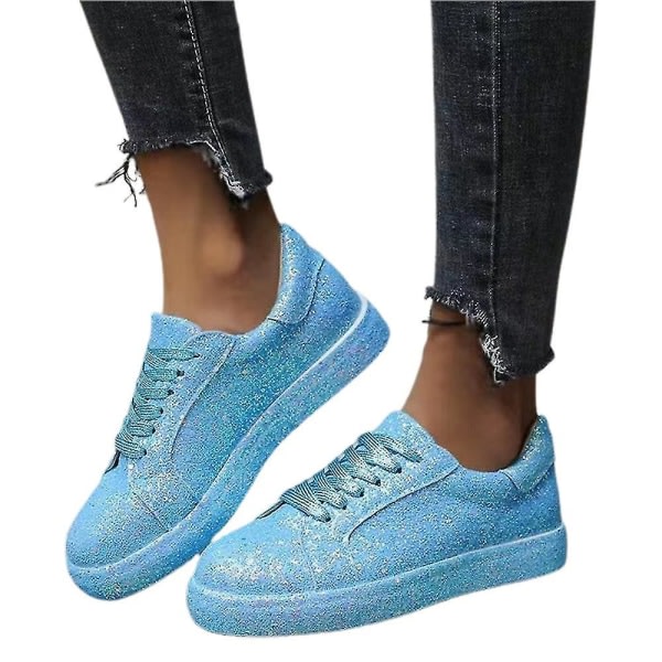 Kvinnor med snörning Glitter Sneakers Glitter Casual Jogging Sneakers Platta skor lake blue