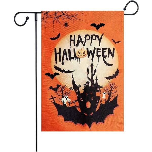 IC Halloween pumpa trädgårdsflagga Happy Halloween trädgårdsdekorationer 12 * 18 dubbelsidig säckväv vertikal fladdermus slott (Halloween pumpa-2)