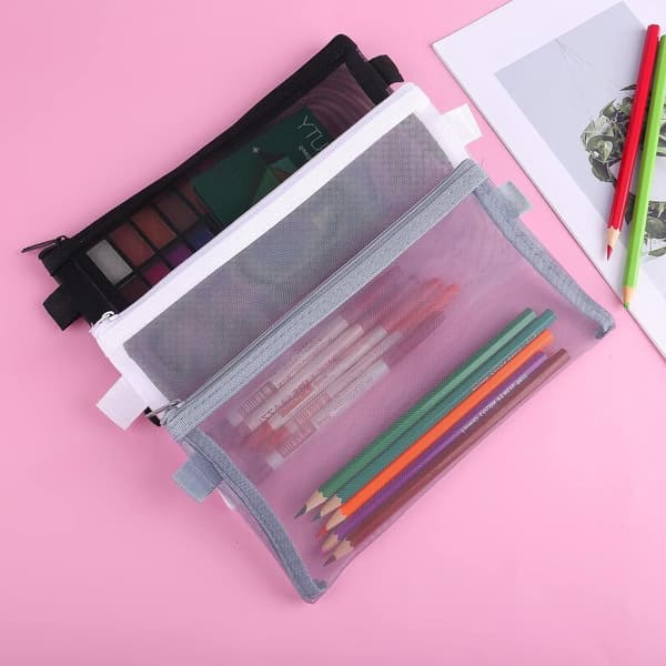 3-pak gennemsigtig mesh-lynlåspose, holdbar nylon penne- og blyantpose med lynlåslukning til kontorartikler, makeup og rejser, sort, hvid, grå